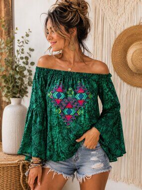 Judith March Boho Off Shoulder Snake Print Tunic Embroidered Heart Green Size M